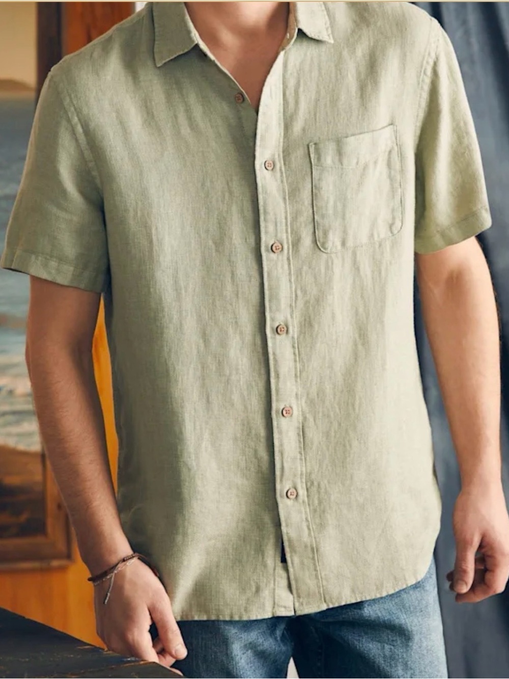 Faherty Short-Sleeve Palma Linen Shirt Canyon Olive Basketweave